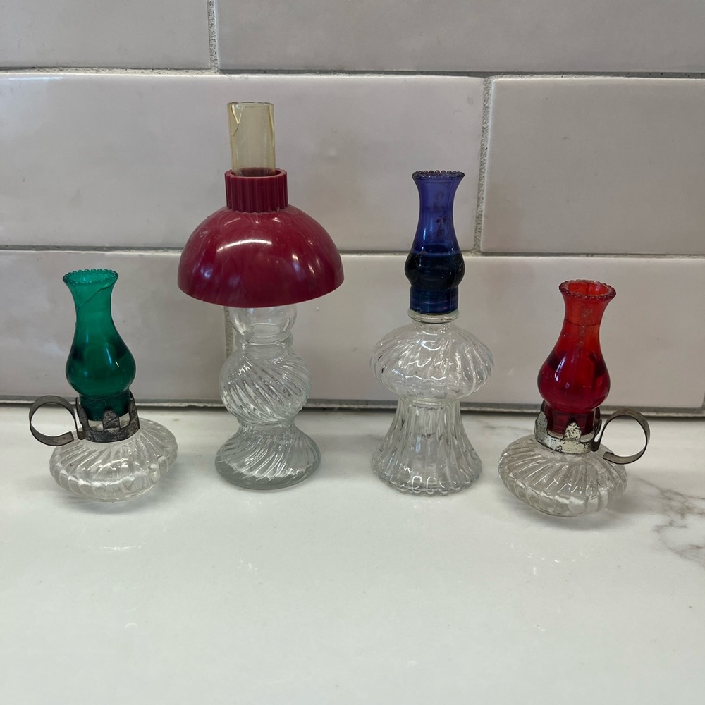 Vintage Miniature Oil Lamps with Colorful Chimneys